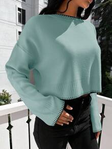 RueChic Women's Solid Color Crew Neck Drop Shoulder Long Sleeve Casual Sweater, Fall/Winter - Mint Green - View 4