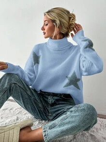 EURMUSE Women's High Neck Sweater With Star Pattern - Baby Blue - View 5
