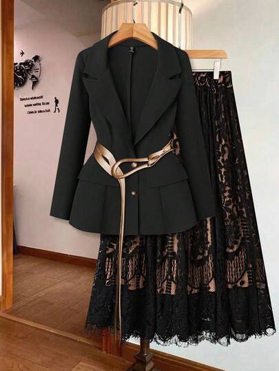 Regalyn Conjunto elegante de chaqueta de manga larga con cuello de solapa y falda midi de encaje para mujer de talla grande