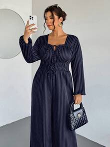 Firerie Plus Size Casual Striped Wide Leg Jumpsuit - Navy Blue - View 1