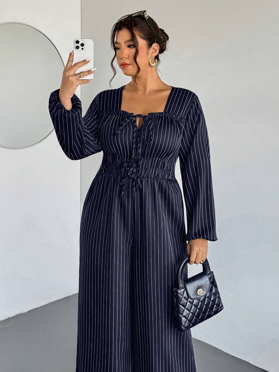 Firerie Plus Size Casual Striped Wide Leg Jumpsuit - Navy Blue - View 1