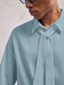 AKNOTIC Formal Men's Loose Fit Drop Shoulder Short Sleeve Casual Collared Shirt, Suitable For Everyday Wear - Dusty Blue - View 3
