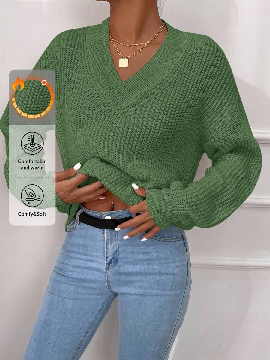 RueChic V Neck Drop Shoulder Sweater