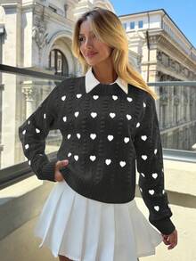 EURMUSE Women Hearth Embroidery Textured Knit Round Neck Pullover - Dark Grey - View 4