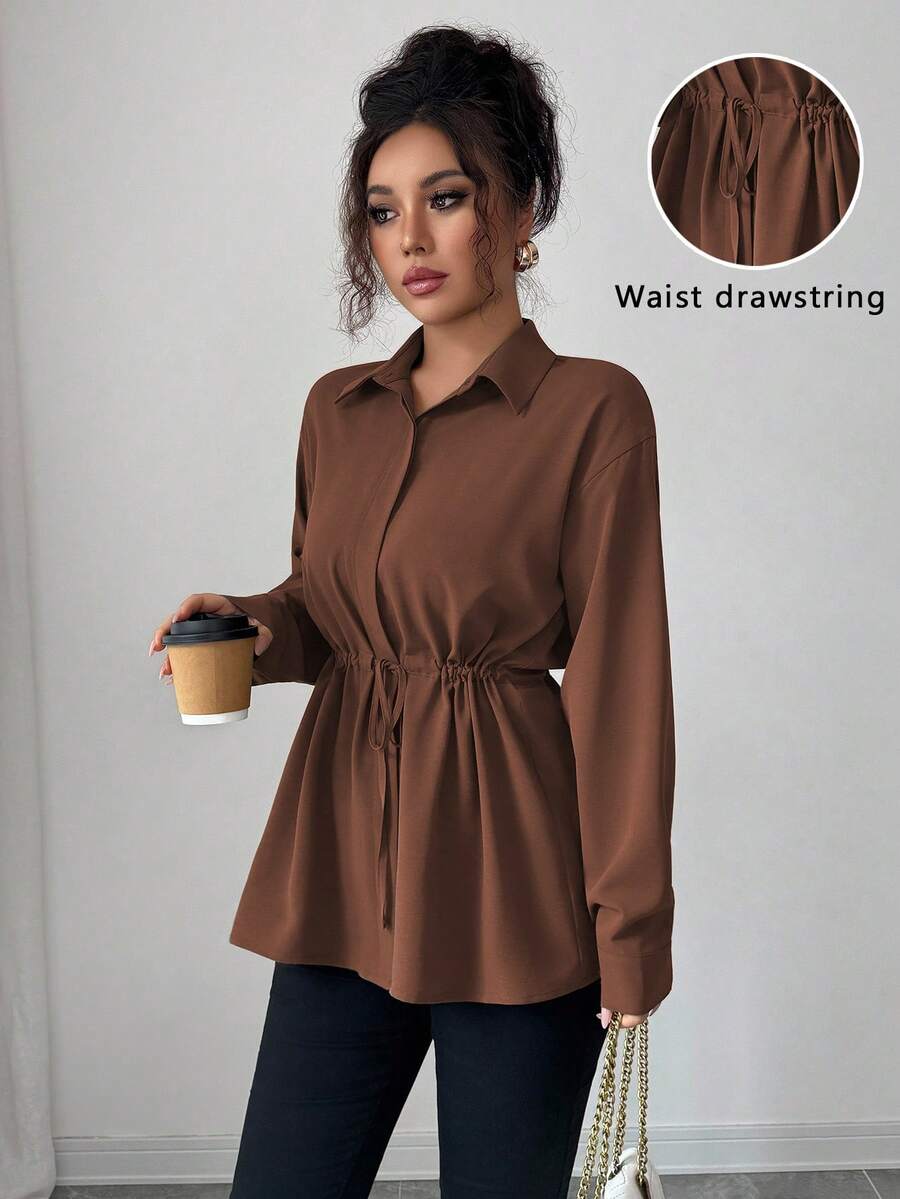 Elenzga Áo sơ mi công sở kiểu Pháp thanh lịch dành cho nữ, có cổ, vạt trước, dây rút eo, nơ, tay dài, thích hợp cho mùa xuân, thu và đông - Cà phê nâu - Xem 1