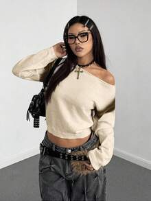StreetHx New Contrast Color Graffiti Oblique Shoulder Casual Loose Sweater - Apricot - View 3