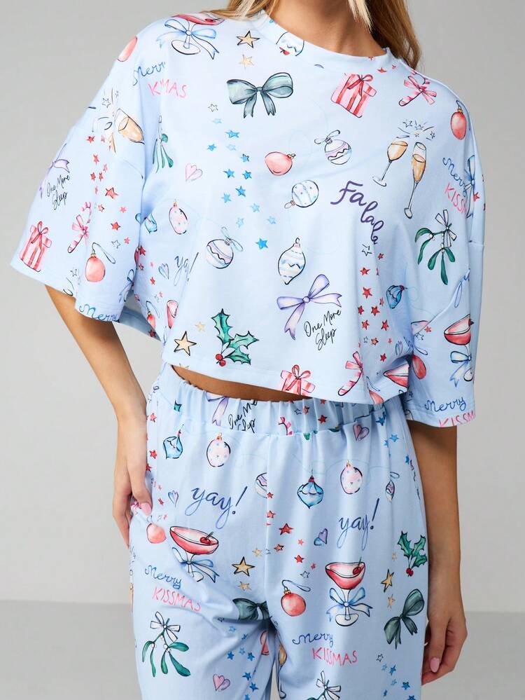 MISSGUIDED Christmas Holiday Pajama Set Long Sleeve Crop Top Wide Leg Pants Festive Winter Sleepwear