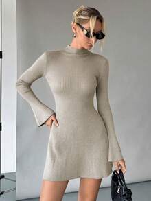 Siren Gaze Winter Women's Turtleneck Sweater Dress, Warm Knitted Bottoming Skirt, Bell Sleeve A-Hem Skirt, Slim And Slim Sweater Skirt, Long Sleeve Dress, Dress,Cozy Fall And Winter Clothes For Women Casual - Apricot - View 6