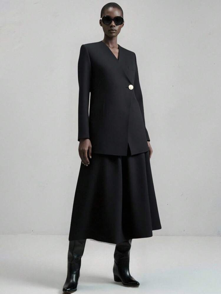 Women's Black Summer Elegant Office Wool V-Neck Long Sleeve Waisted Blazer & A-Line High-Waisted Skirt Set,Old Money Style Business Casual Outfit