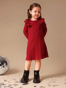 SUMWON Girls Long Sleeve Ribbed Knit Sparkle Dress With Ruffle Shoulders Holiday Party Winter Sweater Dress - Burgundy - View 1