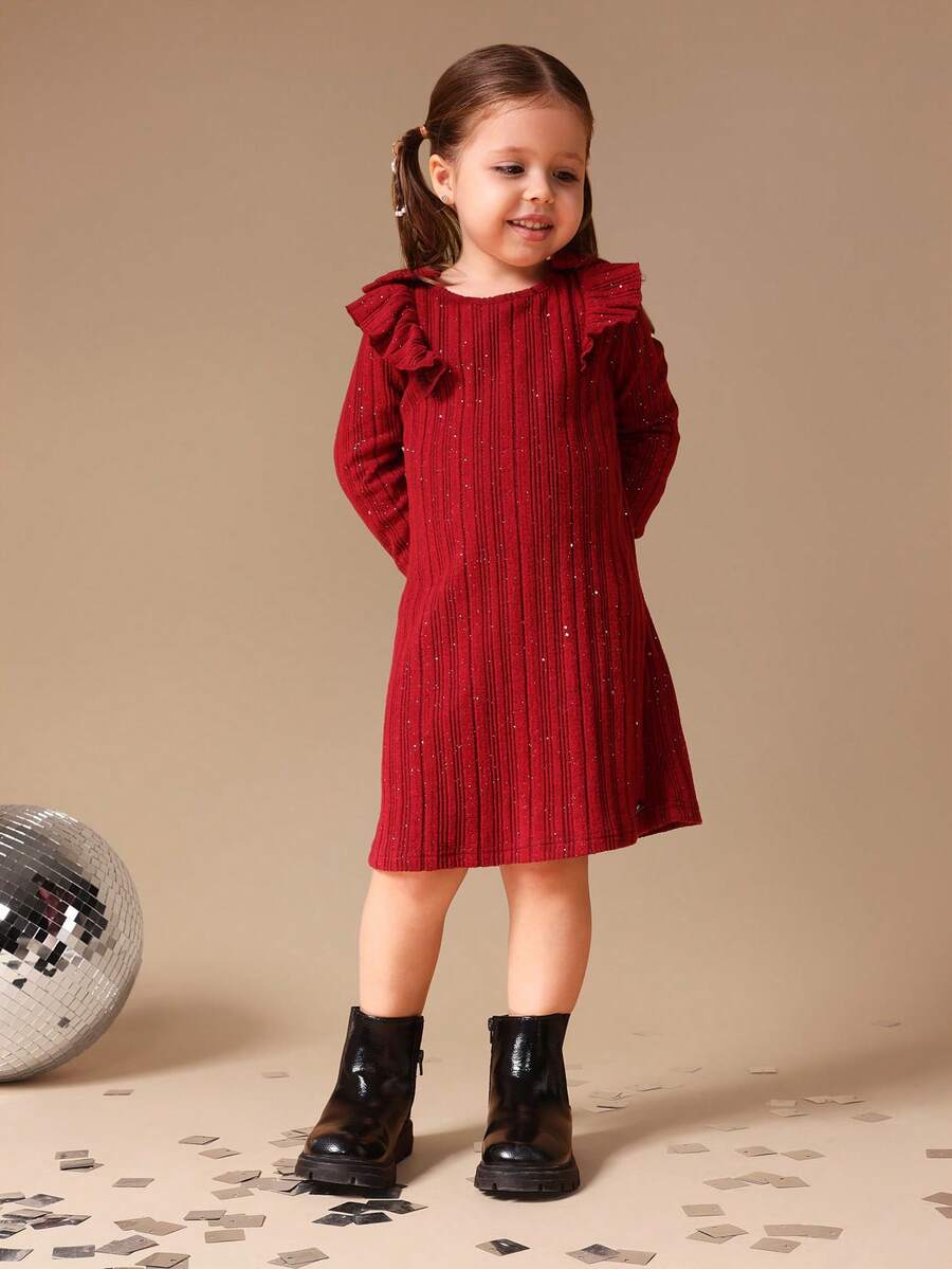 SUMWON Girls Long Sleeve Ribbed Knit Sparkle Dress With Ruffle Shoulders Holiday Party Winter Sweater Dress - Burgundy - View 1