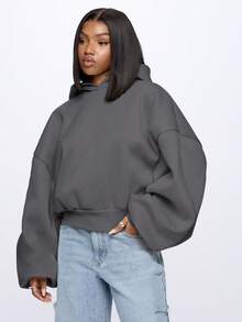 SUMWON WOMEN Oversized Cropped Hoodie Sweatshirt For Women Pullover Hooded Long Sleeve Casual Streetwear - Dark Grey - View 7