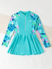 SHEIN 少女花卉印花拼布连体泳衣 - 薄荷綠 - 查看 7