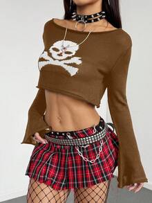StreetHx New Halloween Black & White Hollow Out Cropped Loose Fashionable Mischievous Dark Bell Sleeve Sweater - Brown - View 4