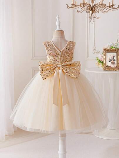 Glamorique Kids Girls' Champagne Sequin Mesh High-End Satin Dress With Backless Bow Sleeveless Dress, Christmas/Halloween Costume, Children's Birthday Party, Stage Performance, Evening Party, Photography Outfit