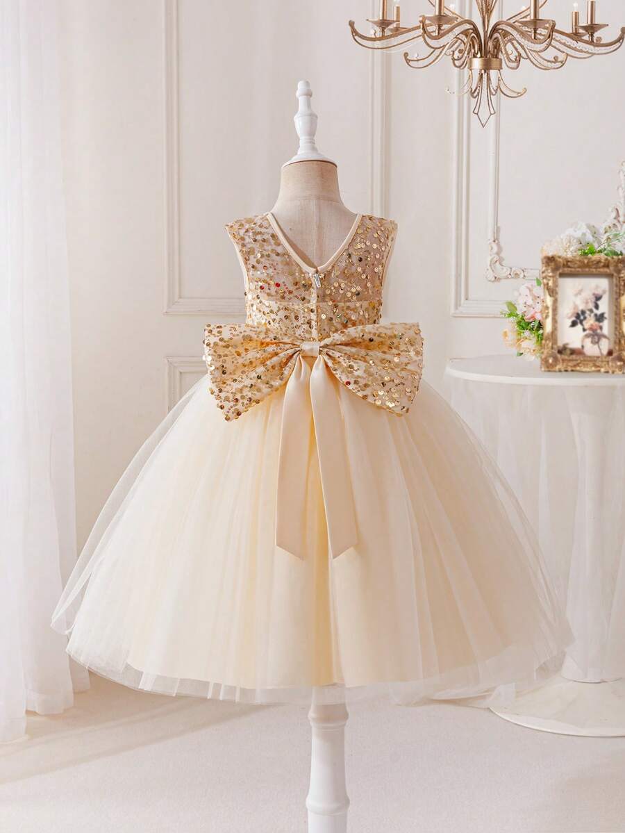Glamorique Kids Dziewczęca sukienka z satyny z siateczki i cekinów w kolorze szampana, z odkrytymi plecami i kokardą, bez rękawów, kostium na Boże Narodzenie/Halloween, przyjęcie urodzinowe dla dzieci, występ sceniczny, przyjęcie wieczorne, strój do fotografii