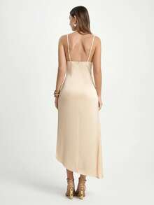 CAJUNI Solid Color Draped Backless Elegant Sexy Spaghetti Strap Dress - Apricot - View 4