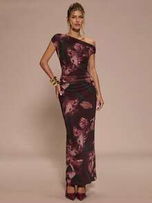 SHEIN BAE Váy ôm sát họa tiết hoa thanh lịch dành cho nữ mùa thu/đông, thích hợp cho tiệc cocktail, hẹn hò lãng mạn, mặc nhiều lớp vào mùa thu/đông, tiệc tùng, tụ họp trang trọng, váy Halloween, váy Giáng sinh - Nhiều màu - Xem 4