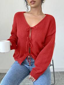 Selianne Women's Solid Color Front Tie Long Sleeve Casual Blouse, Simple Design For Daily Wear Crop Cardiganblack Cardigan Girlsbow Cardiganblack Cardigancropped Cardigan