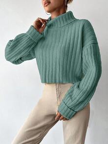 SHEIN Cottnline Damen Lässig einfarbiger High Neck Drop-Shoulder Pullover für Herbst & Winter - Minzgrün - Übersicht 3