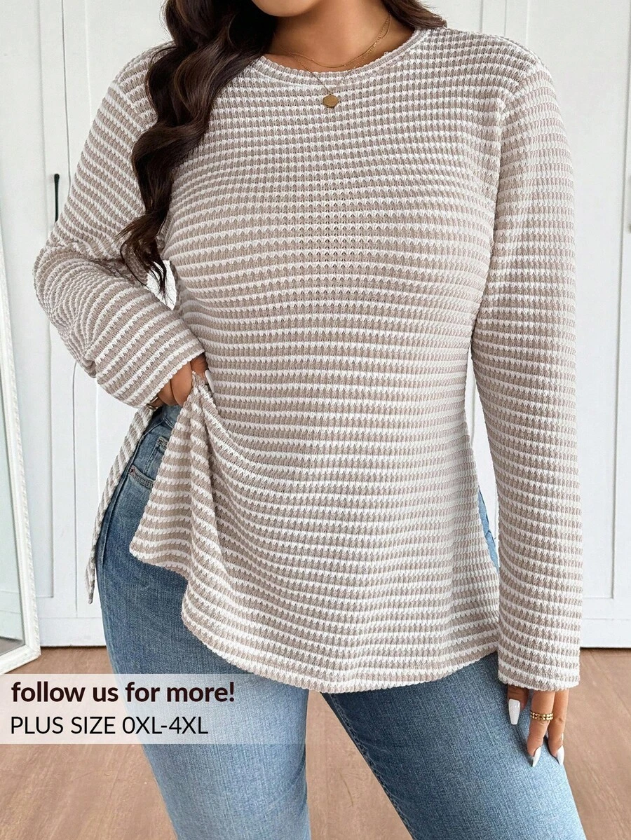 Lounesse 大码女式条纹圆领针织T恤，侧开衩设计，舒适休闲大码T恤 - 彩色 - 查看 1