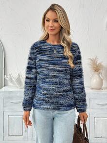 SHEIN LUNE 女式休闲仿皮草圆领长袖T恤 - 藍色 - 查看 5