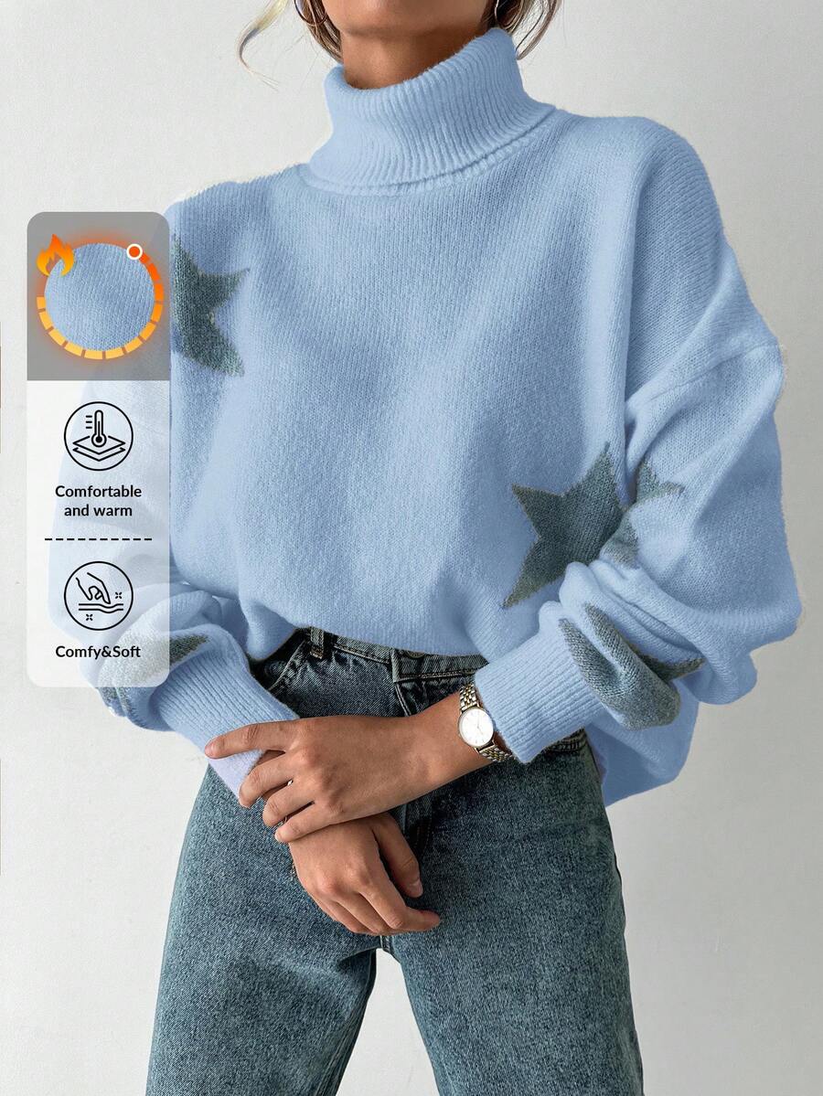 EURMUSE Women's High Neck Sweater With Star Pattern - Baby Blue - View 1