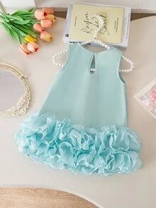 Elladie kids Baby Girls' Elegant Sleeveless Bow Decor Ruffle Mesh Hem Dress, Spring/Summer - Aqua Green - View 2