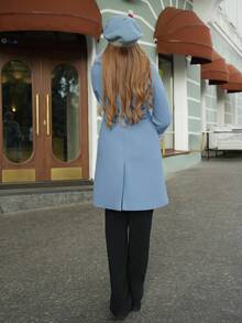 女式人造毛领加厚保暖束带羊毛大衣 - 藍白色 - 查看 3