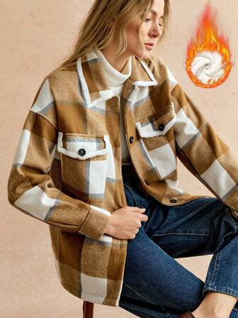 Écloséra Winter Casual Versatile Comfortable Plaid Coat French Retro Elegant Brown Going Out Plush Thickened Women's Winter Jacket Autumn And Winter Matching Winter Coat Fashion Jacket Coat Fashionable Women's Jacket Apricot Top Women Autumn And Winter Series Women's Winter Jacket Brown Jacket Women's Winter Jacket Christmas Clothing New Year Clothing, New Year Clothing New Year Wear Autumn And Winter Women's Clothing