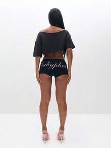 BABYPHAT Off Shoulder Cropped Sweatshirt With Pink Script Logo For Casual Everyday Comfort - Black - View 6