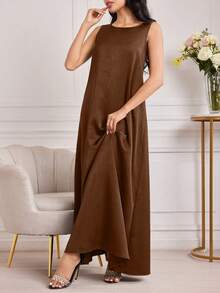 Al Najma Đầm Ả Rập không tay cổ tròn đơn sắc, thường ngày, đa năng dành cho nữ - màu nâu - Xem 3