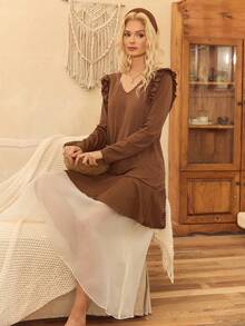 Lullawish Bohemian Charm Women's Elegant Loose Contrast Color Long Sleeve Maxi Dress Nightgown Brown Ribbed Dress, Winter - Brown - View 4