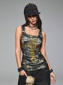 ROMWE Grunge Punk Y2K Punk Camouflage Gold Cross Rivet Fitted Tank Top For Women - Multicolor - View 9