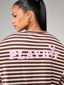 Missguided x Playboy Striped Long Sleeve Oversized Crew Neck Bunny Logo Tee Casual Comfort Top - Multicolor - View 6