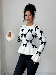 SHEIN Elenzya Suéter de mujer de cuello redondo elegante, manga larga, con lazo, estampado floral de jacquard, con puños y bajo con volantes de color contrastante, versátil para múltiples ocasiones, otoño/invierno - Blanco - Ver 6