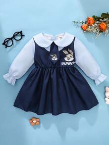 SHEIN Váy mùa đông cho bé gái màu xanh sapphire 2 trong 1 họa tiết thêu thỏ dễ thương và vui nhộn có thể tháo rời cà vạt trang phục ootd cho bé gái - Xanh đậm - Xem 2