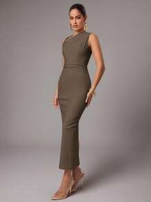 Silquee Women's Elegant Solid Color Asymmetric Collar Sleeveless Dress, Summer