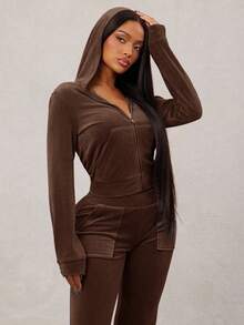 Radiana Women's Sexy Casual Gray-Blue Velvet Tracksuit, Zip-Up Hoodie + Wide Leg Pants 2-Piece Set, Comfortable & Soft For Casual, Sports, Home, Or Outings Brown 2 Piece Set Long Sleeve Two Piece Set Two Piece Set 2 Piece Lounge Sets Woman Comfortable Two Piece Set - Brown - View 4