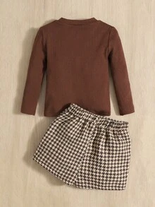 Baby Girl Rib-Knit Tee & Houndstooth Plicated Detail Shorts - Coffee Brown - View 6