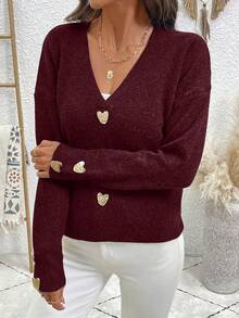 EMERY ROSE Women's Casual Versatile Metal Decor Sweater, Autumn/Winter - Burgundy - View 5