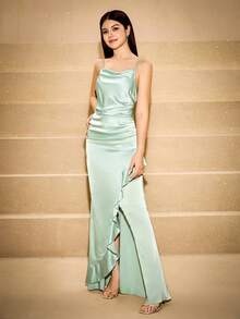 Satin Camisole Waist Ruffle Hem Slit Dress, High-End Feeling For Teenagers, Suitable For Weddings, Galas, Performances, Birthday Parties - Green - View 4