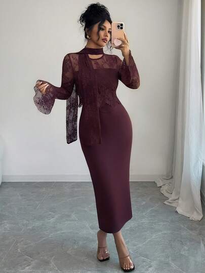 Modelyn Elegant Elegant Soft Plum Red Lace Waist Patchwork 2 In 1 Dress For Women