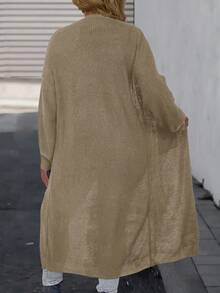 SHEIN LUNE 大码女式纯色落肩长袖双口袋休闲长款针织开衫，秋冬 - 卡其色 - 查看 2
