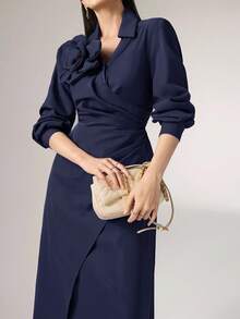 Heiryn Váy dài tay cổ chữ V họa tiết hoa 3D dành cho nữ - Màu xanh hải quân - Xem 3