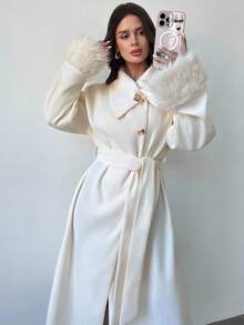 Firerie 女士优雅简约基本款休闲时尚办公室通勤卡其色长款宽松夹克，带毛领和袖口，秋冬，优雅，商务休闲，驼色，长袖 - 杏色 - 查看 13