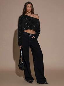 SHEIN BAE 女士时尚性感露肩亮片装饰短款长袖T恤 - 黑色 - 查看 3