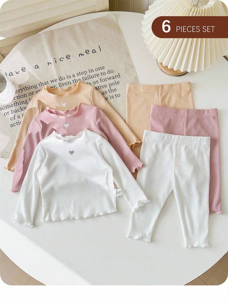 SHEIN Set de 6 piezas de top de manga larga de color liso y pantalones de cintura elástica para bebé niña recién nacida, para otoño/invierno