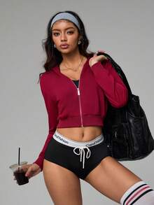 Gameset SHEIN Sport Casual Versatile Wine Red Cropped Hooded Jacket,Gym Wear,Workout,Winter - Burgundy - View 1