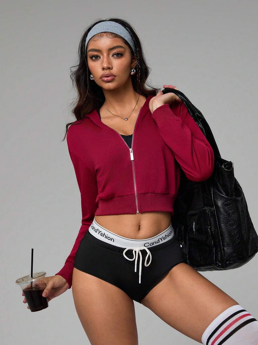 Gameset SHEIN Sport Casual Versatile Wine Red Cropped Hooded Jacket,Gym Wear,Workout,Winter - Burgundy - View 1